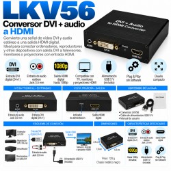 LKV56 – Conversor DVI + Audio Estéreo Jack 3,5 mm a HDMI Full HD 1080p