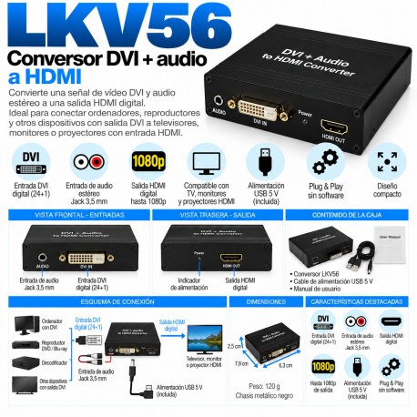LKV56 – Conversor DVI + Audio Estéreo Jack 3,5 mm a HDMI Full HD 1080p