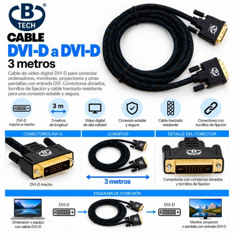 B-Tech Cable DVI-D a DVI-D 3 m – Cable Digital con Conectores Dorados