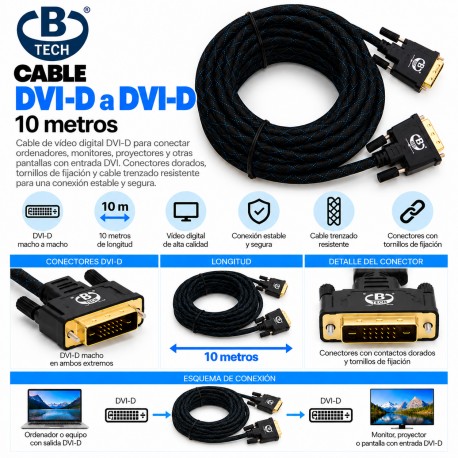 B-Tech Cable DVI-D a DVI-D 10 m – Cable Digital con Conectores Dorados