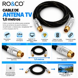 RO&CO Cable de Antena TV Coaxial Macho a Hembra 1 m con Conectores Dorados