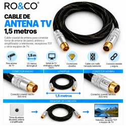RO&CO Cable de Antena TV Coaxial Macho a Hembra 1,5 m con Conectores Dorados