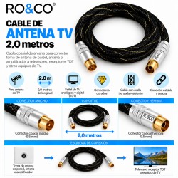 RO&CO Cable de Antena TV Coaxial Macho a Hembra 2 m con Conectores Dorados
