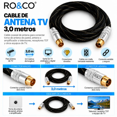 RO&CO Cable de Antena TV Coaxial Macho a Hembra 3 m con Conectores Dorados