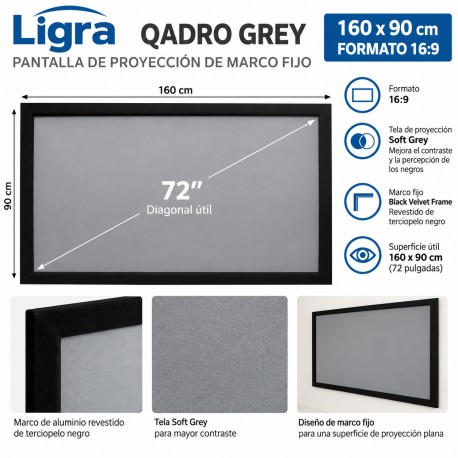 Ligra Qadro Grey Pantalla de Proyección de Marco Fijo 160 x 90 cm 16:9 Tela Gris Soft Grey