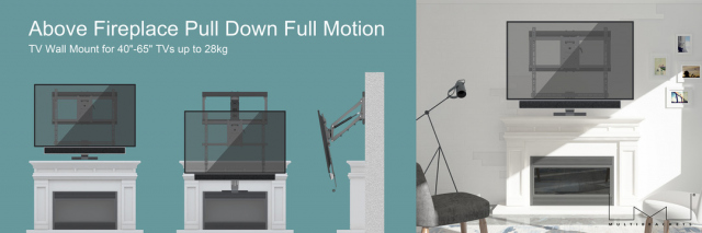 PULLDOWN fullmotion - Soporte  TV de pared con brazo articulado y elevable. Separación de la pared: 51 cms. Para TV entre 40" y 65". Color negro.