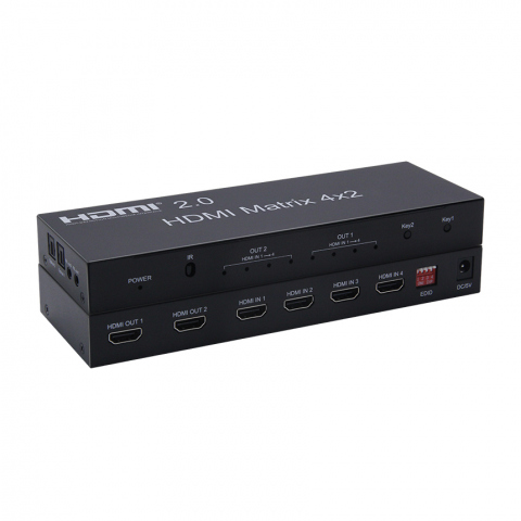 HTB0402 - Distribuidor HDMI v2.0: 4 entradas – 2 salidas independientes. Salida audio.